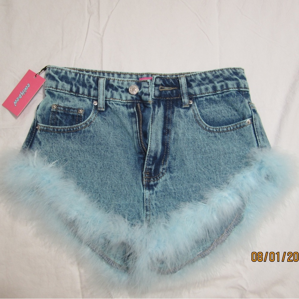 Edikted new with tags denim shorts with fluff on the bottom! size xs